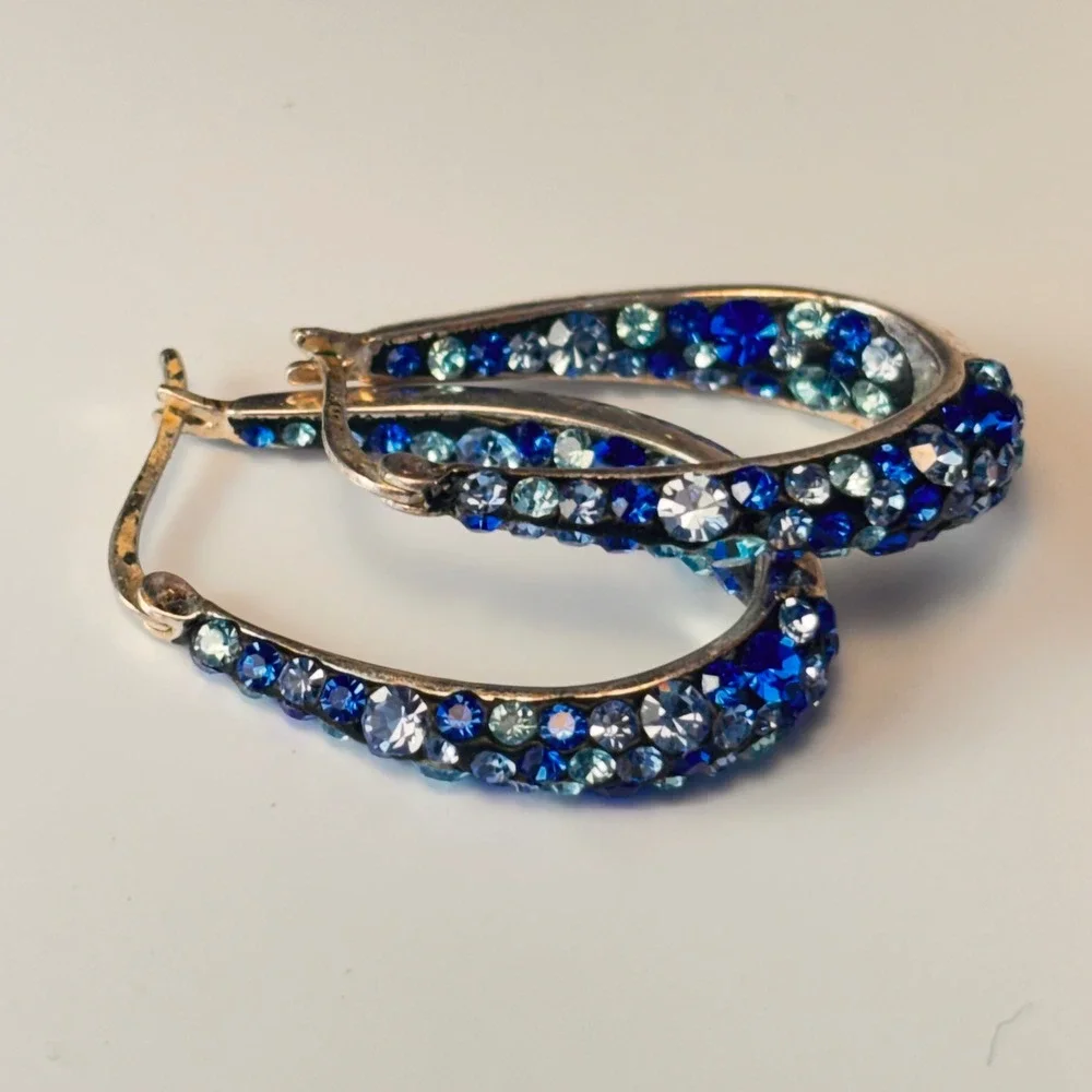 Vintage Hoop Earrings Blue Crystal Brass Thailand Boho Statement Jewelry